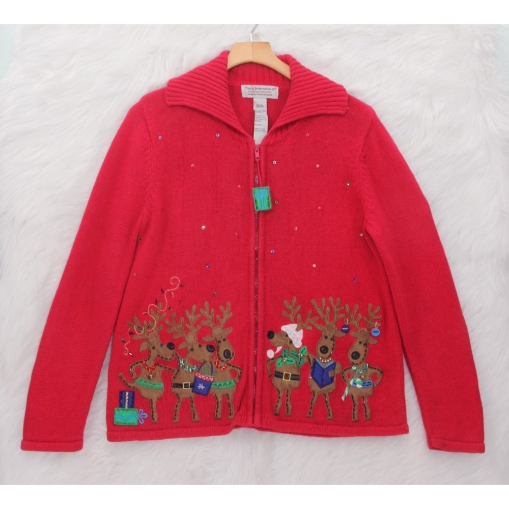 Tiara International Christmas Collection Sz M Red Reindeer Zip Sweater Cardigan